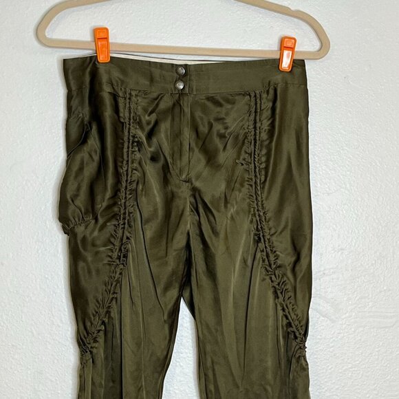 Philosophy Alberta Ferretti 100% Silk Satin Cinch Leg Skinny Pant Olive Green 4 - Picture 2 of 12
